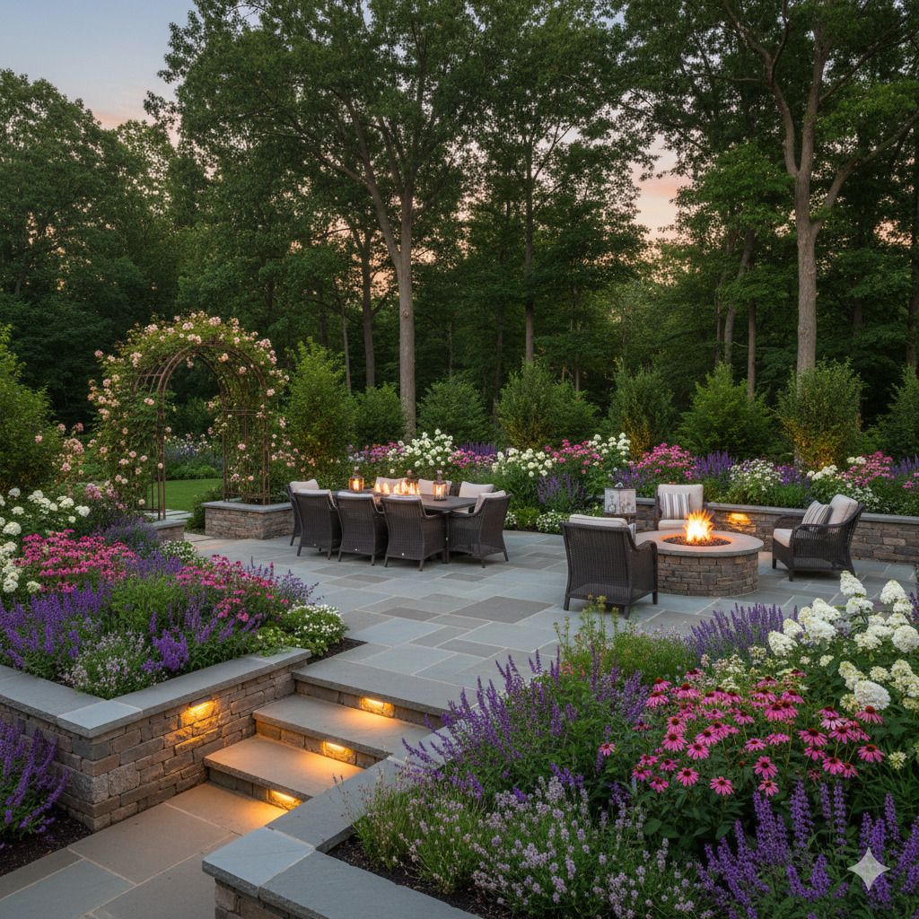 Elegant residential garden with perennial borders and stone patio