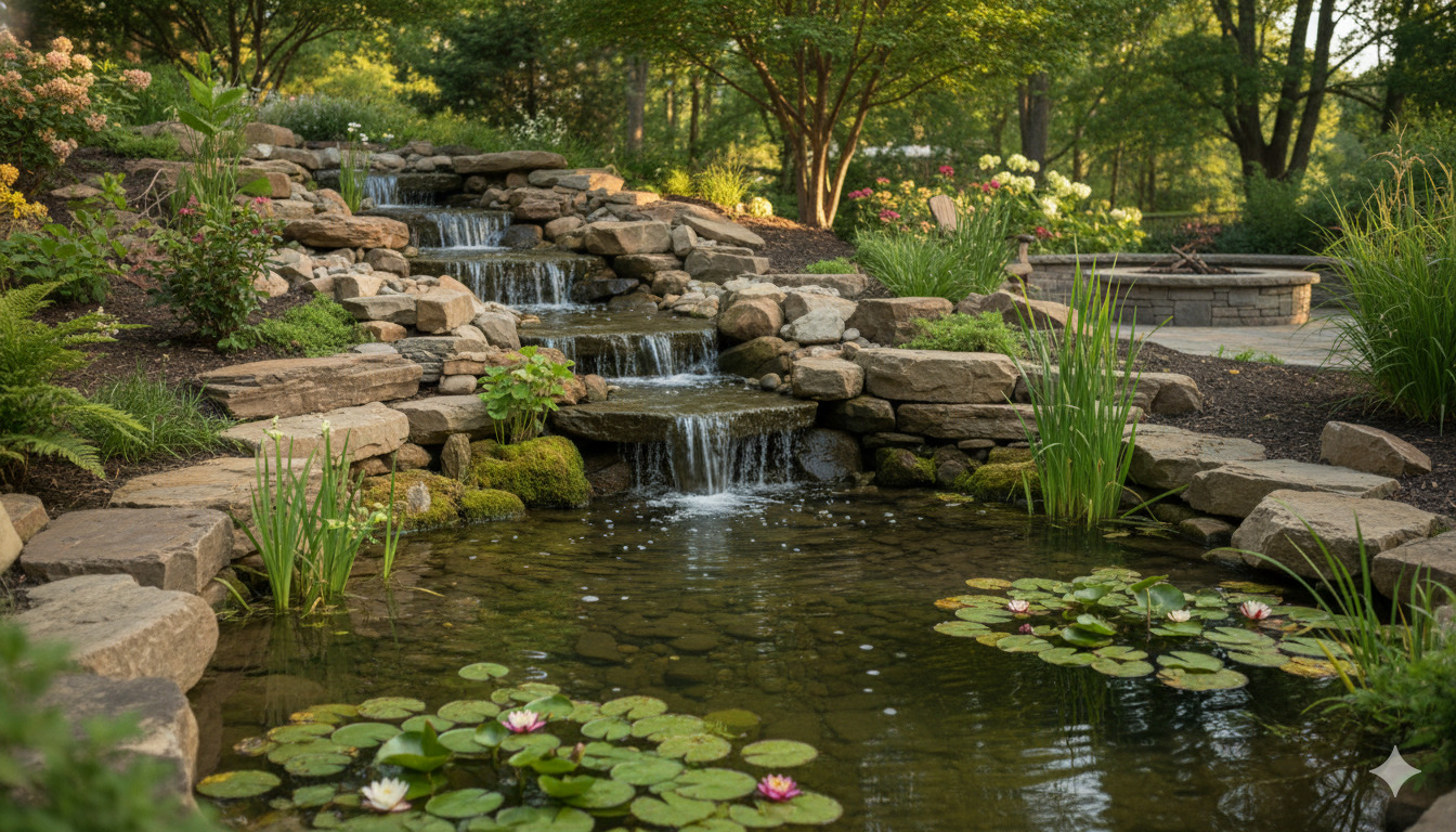 Custom water feature with natural stone and aquatic plants